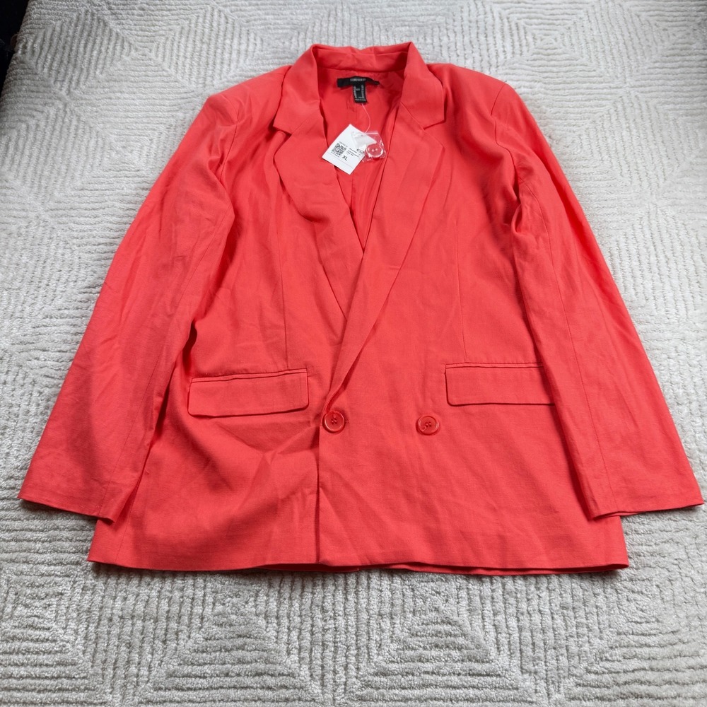 Forever 21 Double Breasted Blazer Women's XL Coral Pink Linen Blend Professional